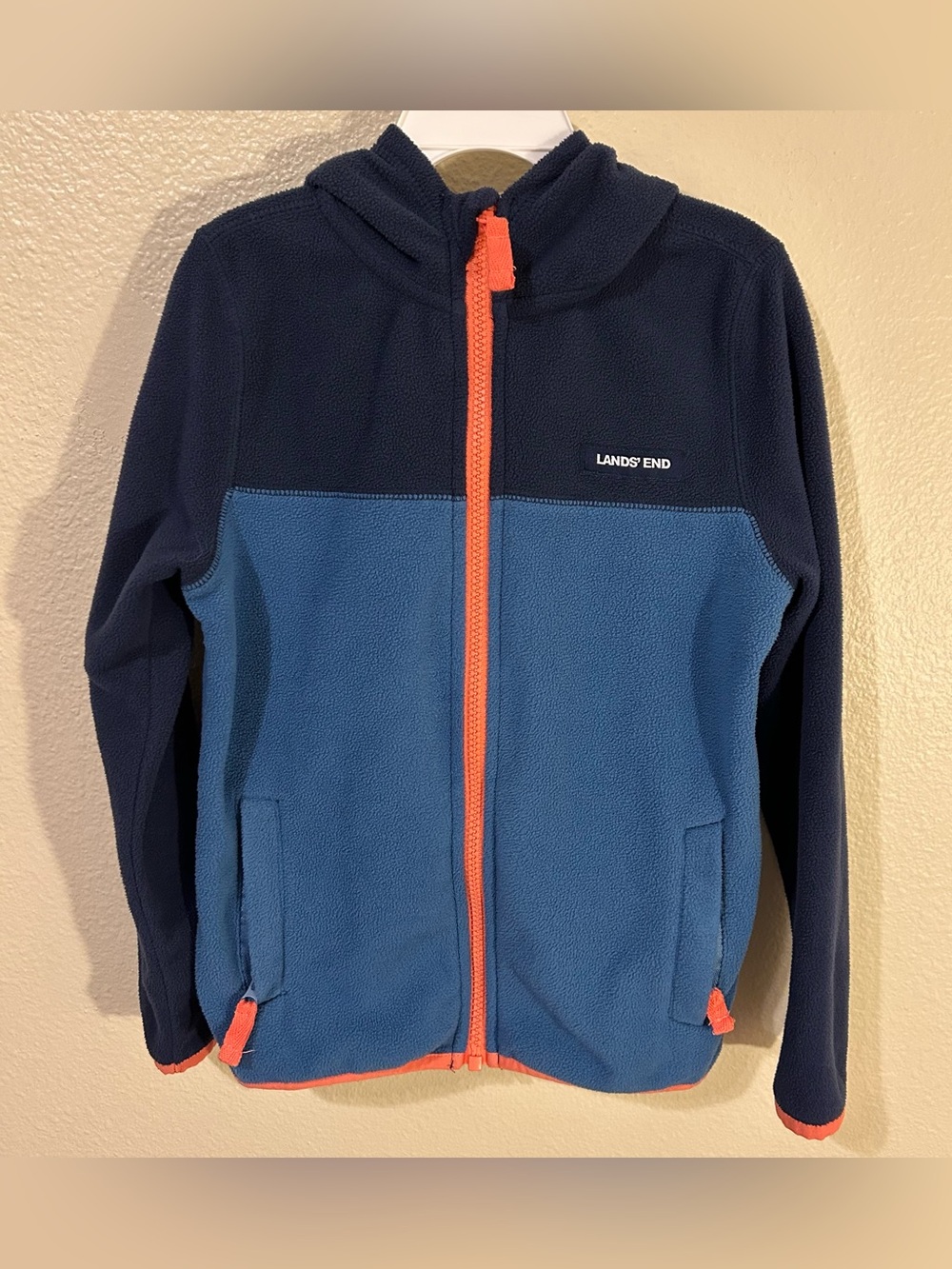 Lands End Kids Fleece Zip Up Jacket with Hood in Navy Blue, Blue, and Orange